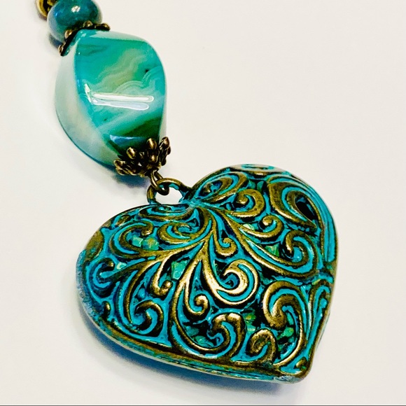 Teal Turquoise Patina Filigree Brass Heart Necklace w/ Onyx & Chrysocolla Stone - Picture 11 of 11